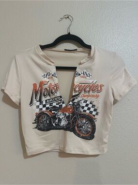 Womens Cream Motorcycle Graphic Crop Tee